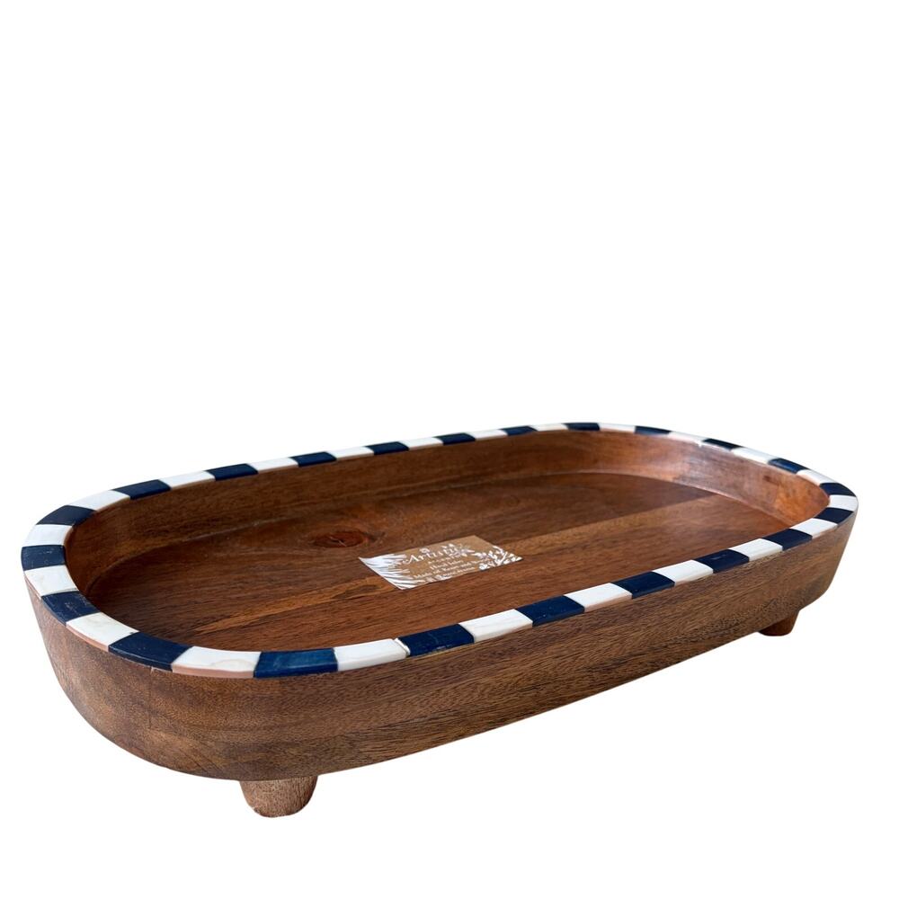 Blue & White Checkered Enameled Mango Wood Bowl 14x8 Handcrafted In India NEW